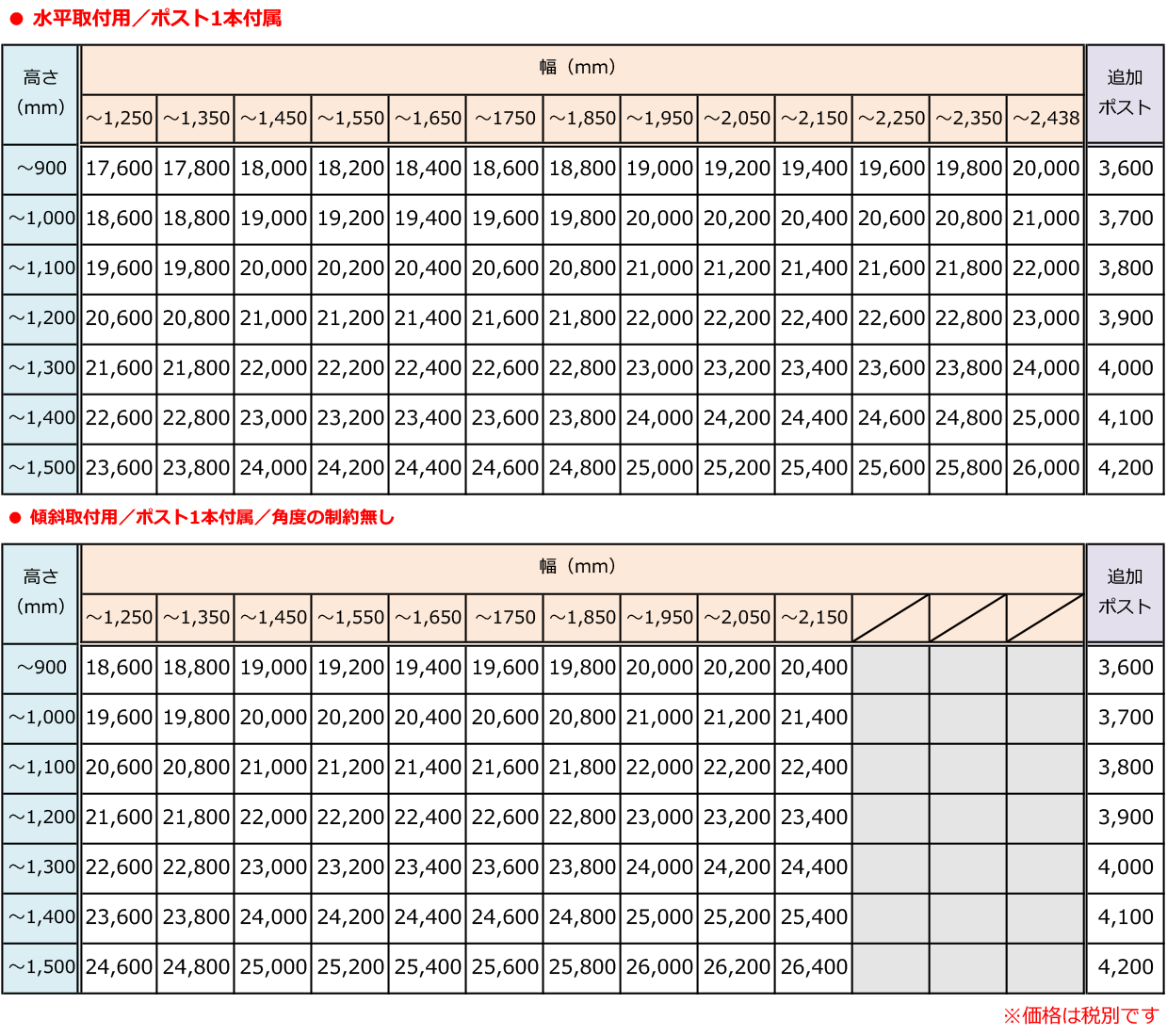 バイナルフェンスの価格表